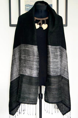 Luxury Supersoft Silk Scarf in Textured Black and Silver Stripes (Design A.) Handspun and Handloomed. 100% Finest Quality Thai Silk.