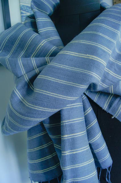 Breezy Beach Luxury Silk Scarf in Powder Blue with White Stripes. Handspun and Handloomed. 100% Finest Quality Thai Silk.