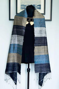 Luxury Supersoft Silk Scarf in Textured Blue, Midnight Blue, Brown and Silver Stripes. (Design B.) Handspun and Handloomed. 100% Finest Quality Thai Silk.