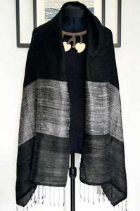 Luxury Supersoft Silk Scarf in Textured Black and Silver Stripes (Design A.) Handspun and Handloomed. 100% Finest Quality Thai Silk.