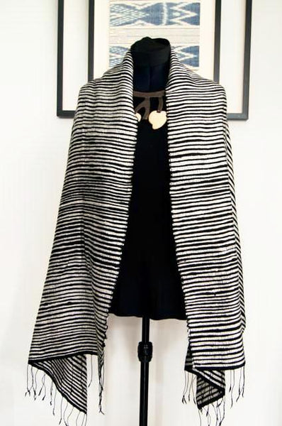 Luxury Supersoft Silk Scarf in Textured Black and White Stripes (Design C.) Handspun and Handloomed. 100% Finest Quality Thai Silk.