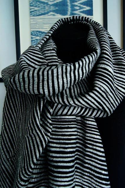 Luxury Supersoft Silk Scarf in Textured Black and White Stripes (Design C.) Handspun and Handloomed. 100% Finest Quality Thai Silk.