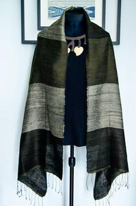 Luxury Supersoft Silk Scarf in Textured Dark and Light Green Stripes (Design D.) Handspun and Handloomed. 100% Finest Quality Thai Silk.