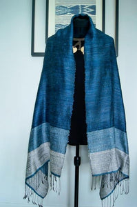 Luxury Supersoft Silk Scarf in Textured Denim Blue Tone Block (Design G.) Handspun and Handloomed. 100% Finest Quality Thai Silk.