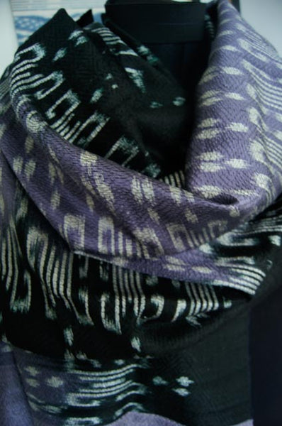 Luxury Supersoft Ikat Silk Scarf in Electic Purple and Black. (Design I.) Handspun and Handloomed. 100% Finest Quality Thai Silk.