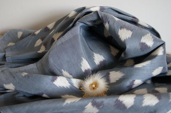 Contemporary Design 100% Pure Thai Silk - Snow leopard Pattern in Blue Grey