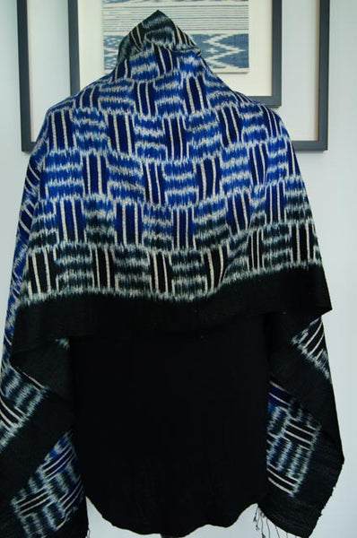 Luxury Supersoft Ikat Silk Scarf in Electic Blue and Black (Design J.) Handspun and Handloomed. 100% Finest Quality Thai Silk.