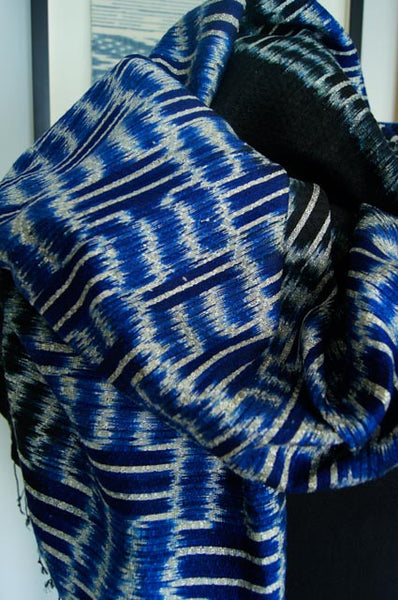 Luxury Supersoft Ikat Silk Scarf in Electic Blue and Black (Design J.) Handspun and Handloomed. 100% Finest Quality Thai Silk.