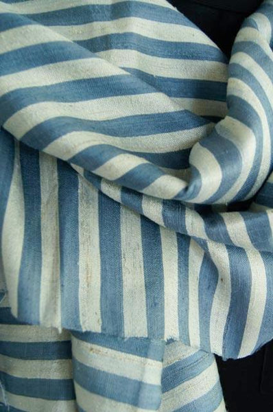 Breezy Beach Luxury Silk Scarf in Powder Blue with White Stripes. Handspun and Handloomed. 100% Finest Quality Thai Silk.