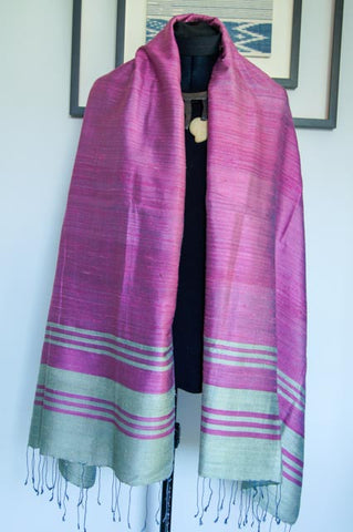 Breezy Beach Luxury Silk Scarf in Blossom Pink with Classy Silver Stripes. Handspun and Handloomed. 100% Finest Quality Thai Silk.